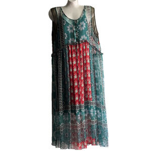 Sundance Green and Red 100% Silk Shell Midi Dress size Medium
